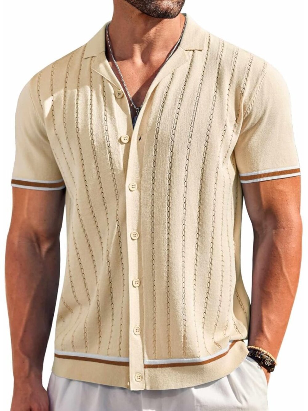 Men’s Beige Short Sleeve Knit Button Down Vintage Striped Beach Shirt